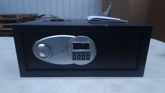 AmazonBasics Steel, Security Safe Lock Box, Black - 0.7-Cubic Feet!

-Brand new out of the box, does have a very small chip from shipping, photos shown
