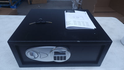 AmazonBasics Steel, Security Safe Lock Box, Black - 0.7-Cubic Feet!

-Brand new out of the box, does have a very small chip from shipping, photos shown