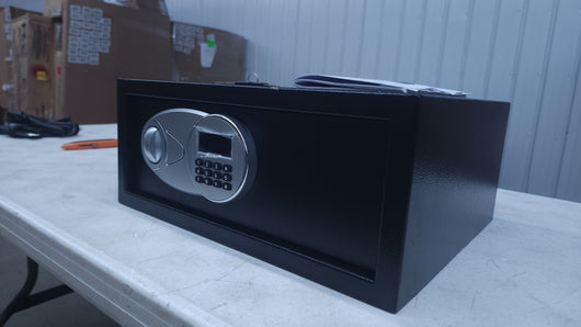 AmazonBasics Steel, Security Safe Lock Box, Black - 0.7-Cubic Feet!

-Brand new out of the box, does have a very small chip from shipping, photos shown
