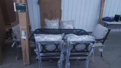 8 PC OUTDOOR DINING SET! (SIX CHAIRS, ROUGHT IRON DINING TABLE, & AN UMBRELLA!)

-Whole set is Brand New & Assembled