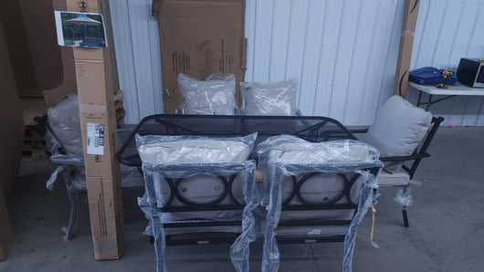 8 PC OUTDOOR DINING SET! (SIX CHAIRS, ROUGHT IRON DINING TABLE, & AN UMBRELLA!)

-Whole set is Brand New & Assembled