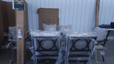 8 PC OUTDOOR DINING SET! (SIX CHAIRS, ROUGHT IRON DINING TABLE, & AN UMBRELLA!)

-Whole set is Brand New & Assembled