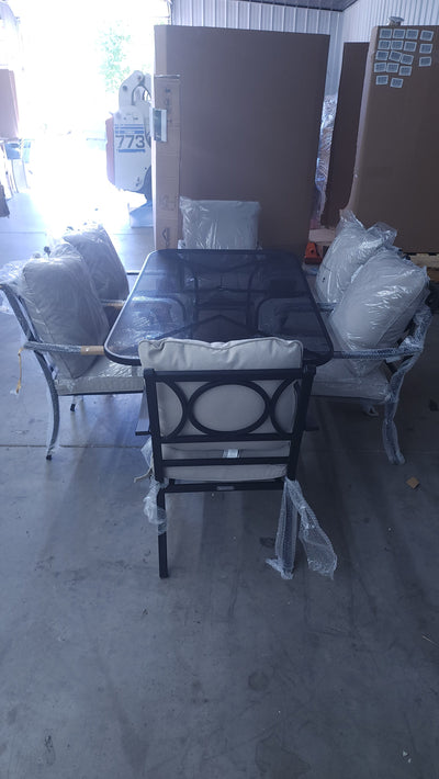 8 PC OUTDOOR DINING SET! (SIX CHAIRS, ROUGHT IRON DINING TABLE, & AN UMBRELLA!)

-Whole set is Brand New & Assembled