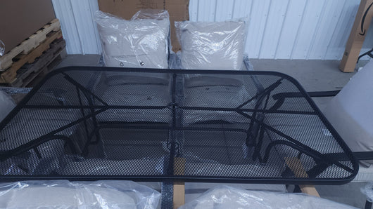8 PC OUTDOOR DINING SET! (SIX CHAIRS, ROUGHT IRON DINING TABLE, & AN UMBRELLA!)

-Whole set is Brand New & Assembled