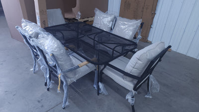 8 PC OUTDOOR DINING SET! (SIX CHAIRS, ROUGHT IRON DINING TABLE, & AN UMBRELLA!)

-Whole set is Brand New & Assembled