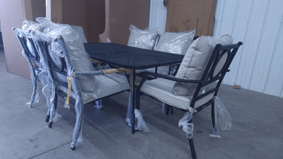 8 PC OUTDOOR DINING SET! (SIX CHAIRS, ROUGHT IRON DINING TABLE, & AN UMBRELLA!)

-Whole set is Brand New & Assembled