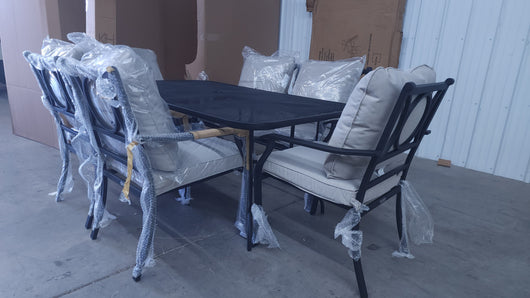 8 PC OUTDOOR DINING SET! (SIX CHAIRS, ROUGHT IRON DINING TABLE, & AN UMBRELLA!)

-Whole set is Brand New & Assembled