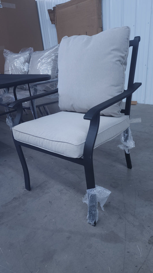 8 PC OUTDOOR DINING SET! (SIX CHAIRS, ROUGHT IRON DINING TABLE, & AN UMBRELLA!)

-Whole set is Brand New & Assembled