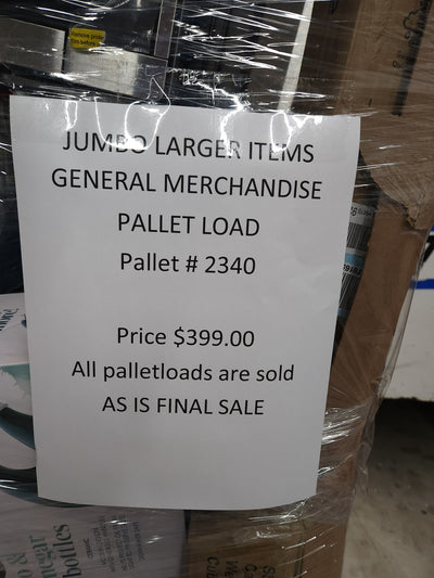 JUMBO LIQUIDATION PALLET- Number # 2340

 

$399 after 20 percent automatic discount at checkout 