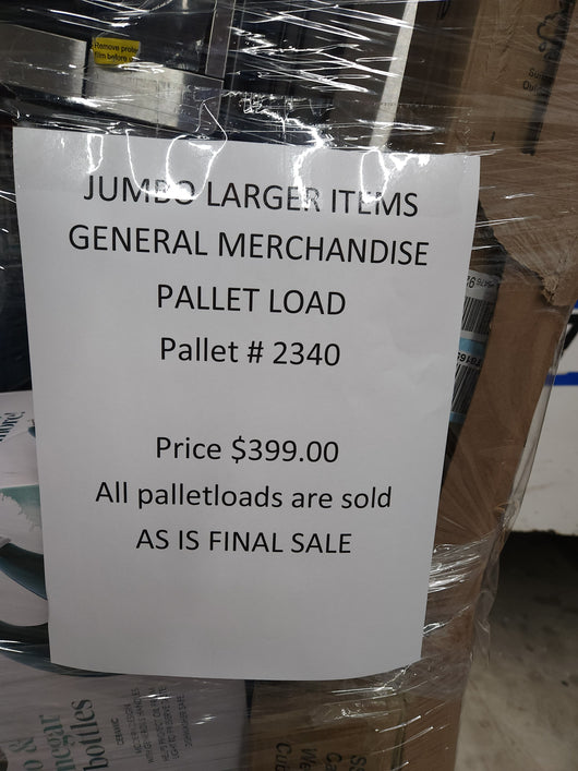 JUMBO LIQUIDATION PALLET- Number # 2340

 

$399 after 20 percent automatic discount at checkout 