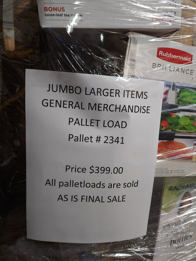 JUMBO LIQUIDATION PALLET- Number # 2341

 

$399 after 20 percent automatic discount at checkout 