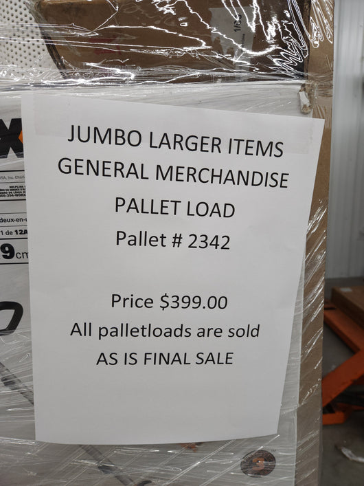 JUMBO LIQUIDATION PALLET- Number # 2342

 

$399 after 20 percent automatic discount at checkout 