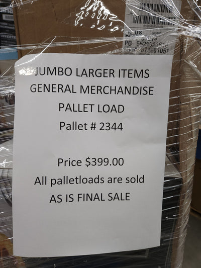 JUMBO LIQUIDATION PALLET- Number # 2344

 

$399 after 20 percent automatic discount at checkout 