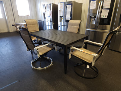 5Pc Outdoor Dining Set, Black Metal!

-Brand new and Assembled, but table does have some small indents from shipping, photos shown