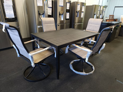 5Pc Outdoor Dining Set, Black Metal!

-Brand new and Assembled, but table does have some small indents from shipping, photos shown