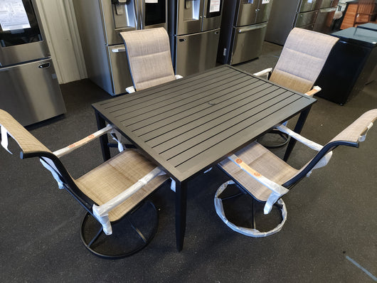 5Pc Outdoor Dining Set, Black Metal!

-Brand new and Assembled, but table does have some small indents from shipping, photos shown