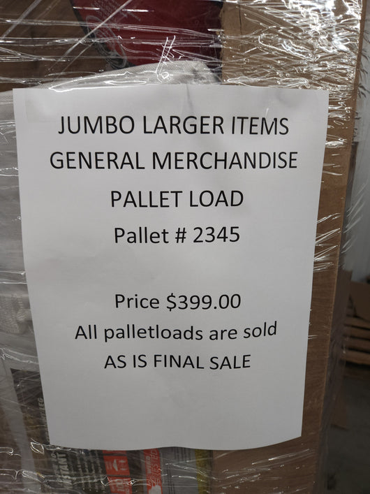 JUMBO LIQUIDATION PALLET- Number # 2345

 

$399 after 20 percent automatic discount at checkout 