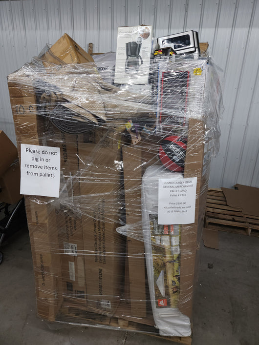 JUMBO LIQUIDATION PALLET- Number # 2345

 

$399 after 20 percent automatic discount at checkout 