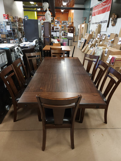 Teton 9Pc Solid Wood Dark Brown/Espresso Dining Set! (NEW & ASSEMBLED - CHAIRS HAVE DEFECTS, PHOTOS SHOWN)

-Brand new and Assembled, some chairs have scratches/frays from shipping, photos shown