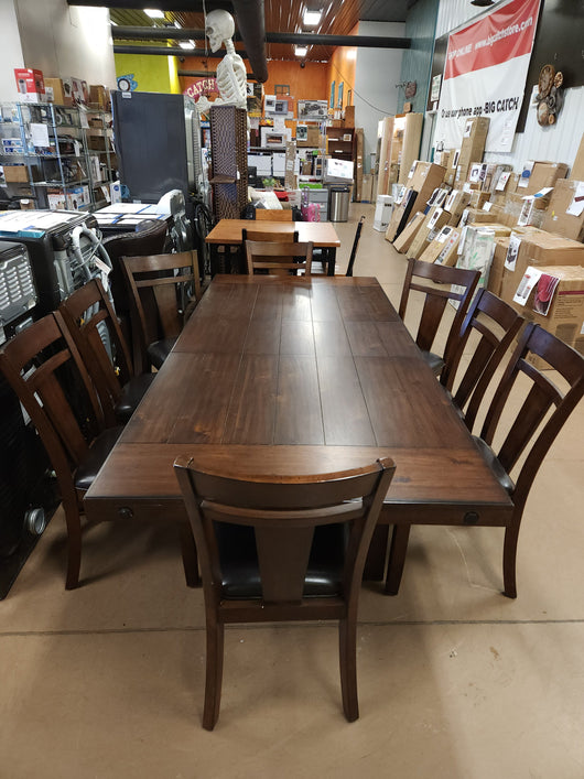 Teton 9Pc Solid Wood Dark Brown/Espresso Dining Set! (NEW & ASSEMBLED - CHAIRS HAVE DEFECTS, PHOTOS SHOWN)

-Brand new and Assembled, some chairs have scratches/frays from shipping, photos shown