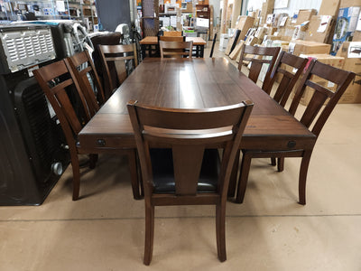 Teton 9Pc Solid Wood Dark Brown/Espresso Dining Set! (NEW & ASSEMBLED - CHAIRS HAVE DEFECTS, PHOTOS SHOWN)

-Brand new and Assembled, some chairs have scratches/frays from shipping, photos shown