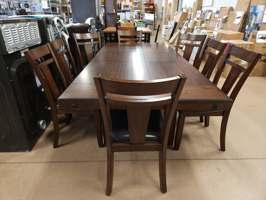 Teton 9Pc Solid Wood Dark Brown/Espresso Dining Set! (NEW & ASSEMBLED - CHAIRS HAVE DEFECTS, PHOTOS SHOWN)

-Brand new and Assembled, some chairs have scratches/frays from shipping, photos shown