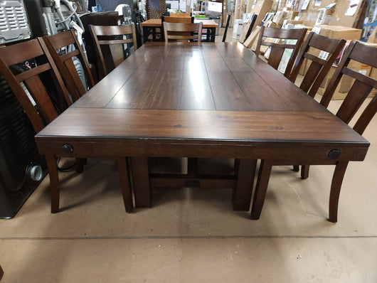 Teton 9Pc Solid Wood Dark Brown/Espresso Dining Set! (NEW & ASSEMBLED - CHAIRS HAVE DEFECTS, PHOTOS SHOWN)

-Brand new and Assembled, some chairs have scratches/frays from shipping, photos shown