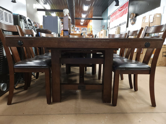 Teton 9Pc Solid Wood Dark Brown/Espresso Dining Set! (NEW & ASSEMBLED - CHAIRS HAVE DEFECTS, PHOTOS SHOWN)

-Brand new and Assembled, some chairs have scratches/frays from shipping, photos shown