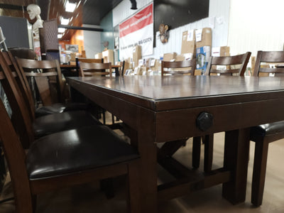 Teton 9Pc Solid Wood Dark Brown/Espresso Dining Set! (NEW & ASSEMBLED - CHAIRS HAVE DEFECTS, PHOTOS SHOWN)

-Brand new and Assembled, some chairs have scratches/frays from shipping, photos shown