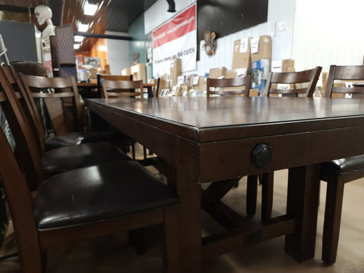 Teton 9Pc Solid Wood Dark Brown/Espresso Dining Set! (NEW & ASSEMBLED - CHAIRS HAVE DEFECTS, PHOTOS SHOWN)

-Brand new and Assembled, some chairs have scratches/frays from shipping, photos shown