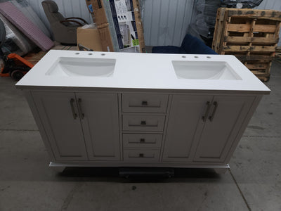 Ove Broadway 60" Double Sink Bathroom Vanity! (NEW/MISSING BACKSPLASH/CHIPPED CORNER)

-Brand new out of the box, has some light chips on two corners and front trim, photos shown