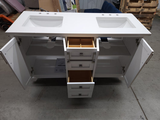 Ove Broadway 60" Double Sink Bathroom Vanity! (NEW/MISSING BACKSPLASH/CHIPPED CORNER)

-Brand new out of the box, has some light chips on two corners and front trim, photos shown