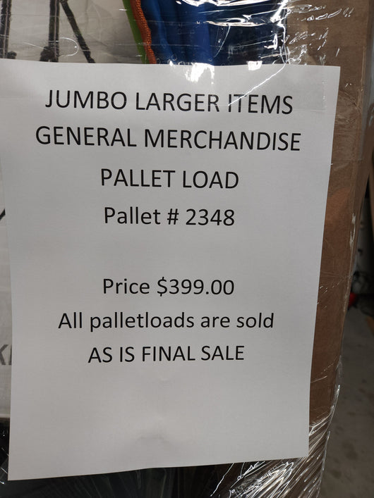 JUMBO LIQUIDATION PALLET- Number # 2348

 

$399 after 20 percent automatic discount at checkout 