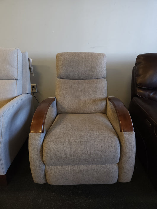Grey Fabric Wood Arm Electronic Recliner! 

-Brand new but does have some small chips on the wood arms
