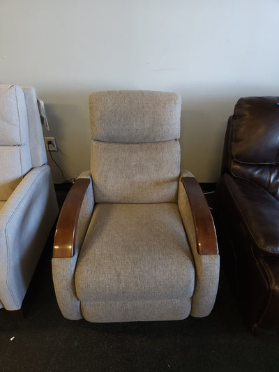 Grey Fabric Wood Arm Electronic Recliner! 

-Brand new but does have some small chips on the wood arms