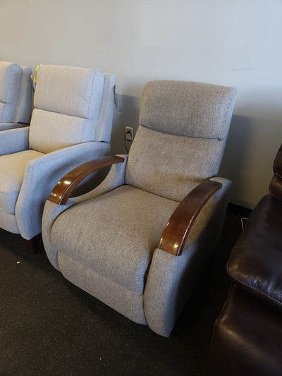Grey Fabric Wood Arm Electronic Recliner! 

-Brand new but does have some small chips on the wood arms