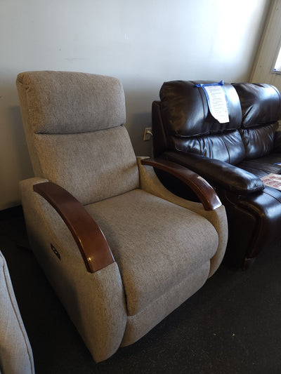 Grey Fabric Wood Arm Electronic Recliner! 

-Brand new but does have some small chips on the wood arms