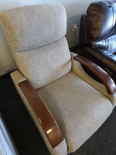 Grey Fabric Wood Arm Electronic Recliner! 

-Brand new but does have some small chips on the wood arms