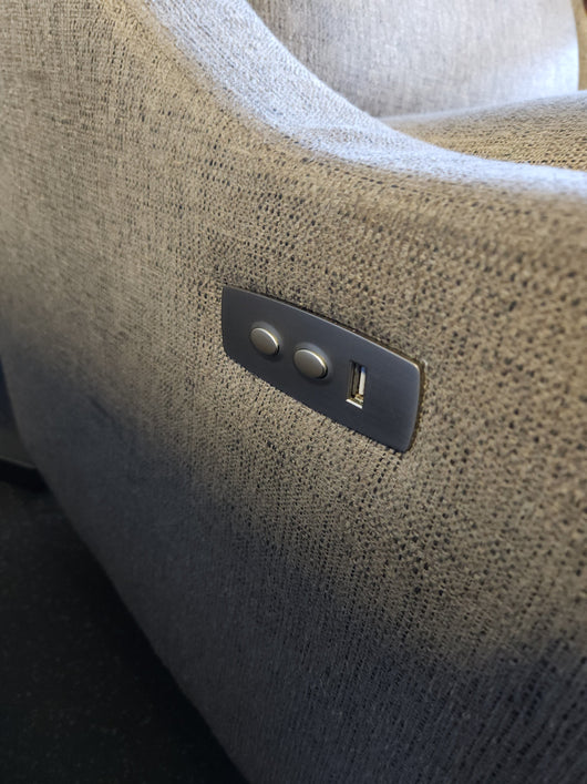 Grey Fabric Wood Arm Electronic Recliner! 

-Brand new but does have some small chips on the wood arms