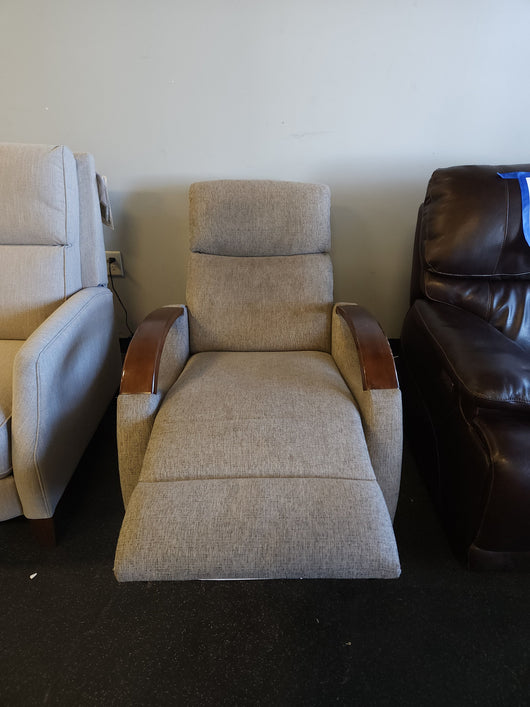 Grey Fabric Wood Arm Electronic Recliner! 

-Brand new but does have some small chips on the wood arms