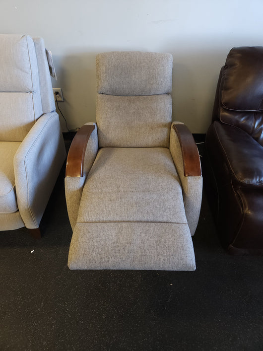 Grey Fabric Wood Arm Electronic Recliner! 

-Brand new but does have some small chips on the wood arms