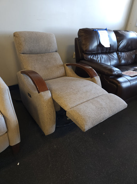 Grey Fabric Wood Arm Electronic Recliner! 

-Brand new but does have some small chips on the wood arms