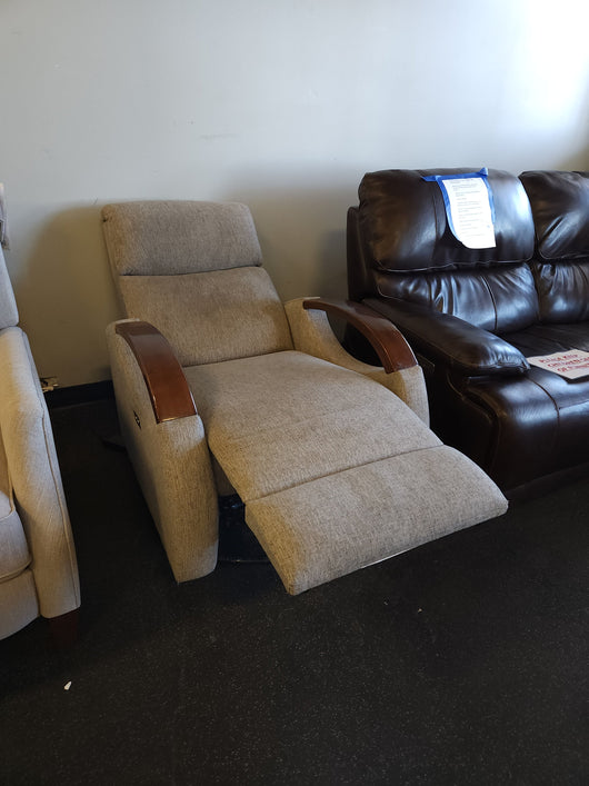 Grey Fabric Wood Arm Electronic Recliner! 

-Brand new but does have some small chips on the wood arms
