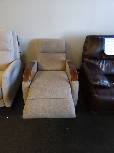 Grey Fabric Wood Arm Electronic Recliner! 

-Brand new but does have some small chips on the wood arms