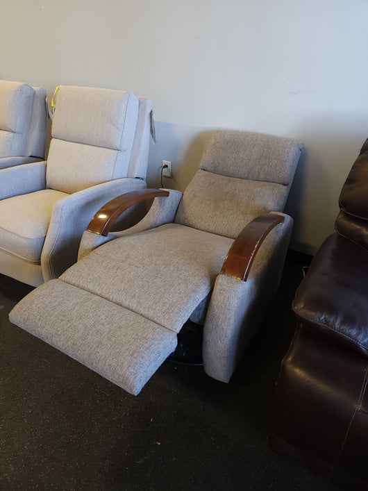 Grey Fabric Wood Arm Electronic Recliner! 

-Brand new but does have some small chips on the wood arms