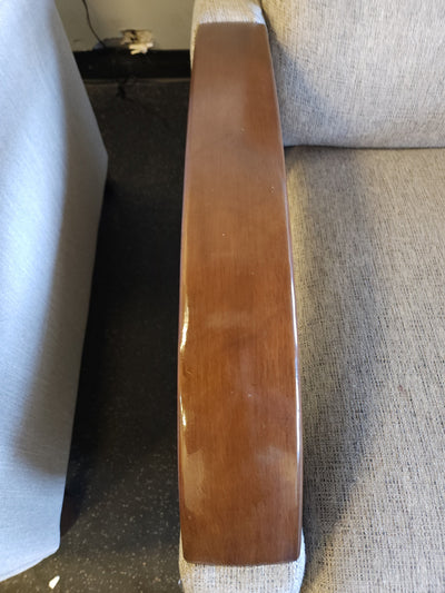 Grey Fabric Wood Arm Electronic Recliner! 

-Brand new but does have some small chips on the wood arms
