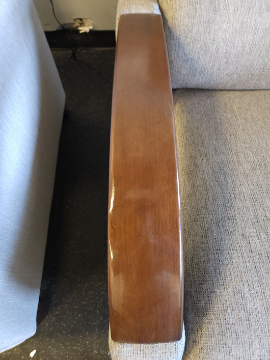Grey Fabric Wood Arm Electronic Recliner! 

-Brand new but does have some small chips on the wood arms