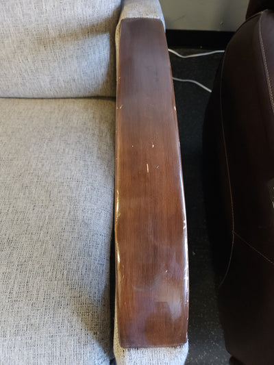 Grey Fabric Wood Arm Electronic Recliner! 

-Brand new but does have some small chips on the wood arms