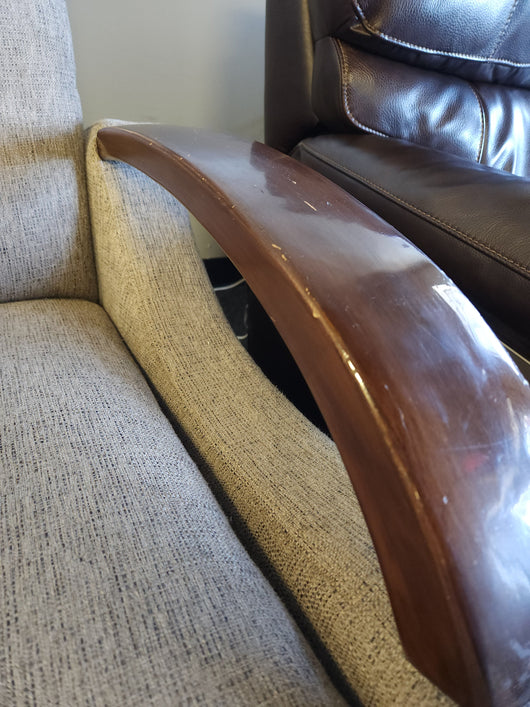 Grey Fabric Wood Arm Electronic Recliner! 

-Brand new but does have some small chips on the wood arms
