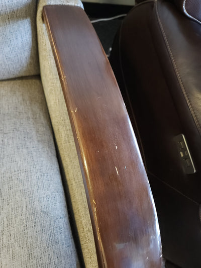 Grey Fabric Wood Arm Electronic Recliner! 

-Brand new but does have some small chips on the wood arms
